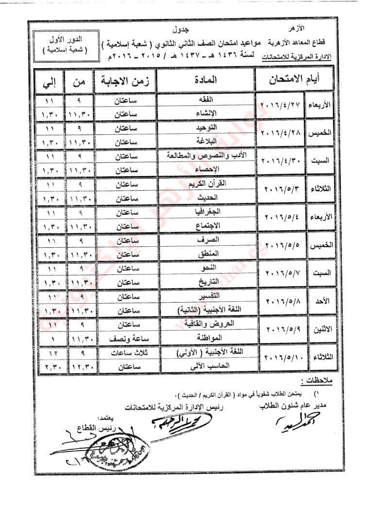 جدول إمتحان آخر العام 2016 للصف الثاني الثانوي الازهري ...