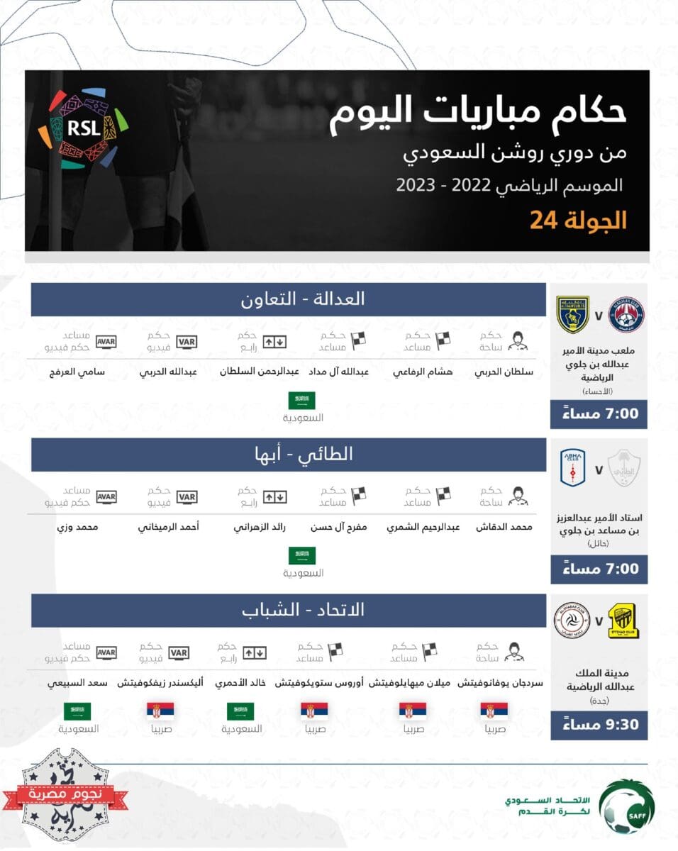 طاقم تحكيم مباريات اليوم الأول في الجولة 24 من الدوري السعودي للمحترفين 2023 (دوري روشن)