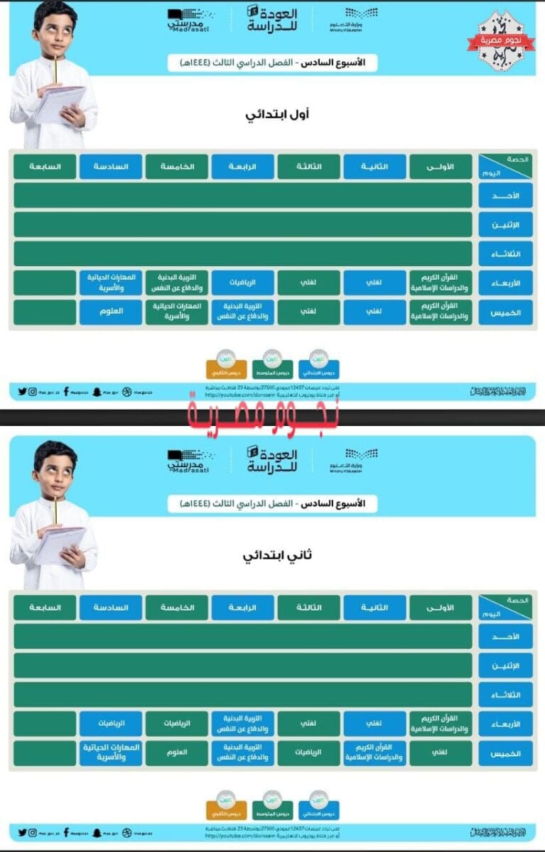 جدول دروس الحصص اليومية للأسبوع السادس