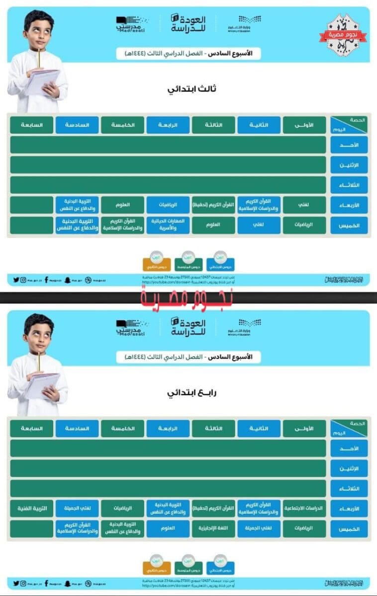 جدول دروس الحصص اليومية للأسبوع السادس