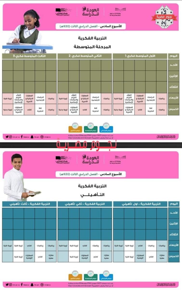 جدول دروس الحصص اليومية للأسبوع السادس