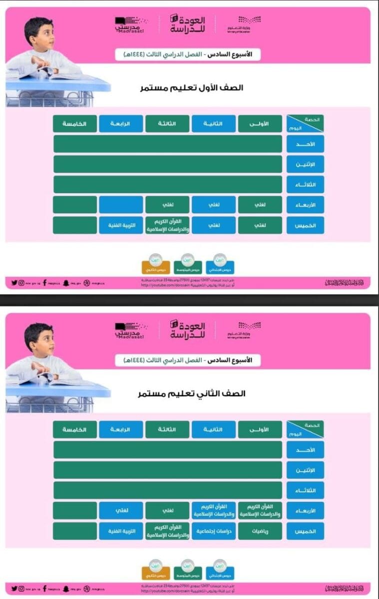 جدول دروس الحصص اليومية للأسبوع السادس