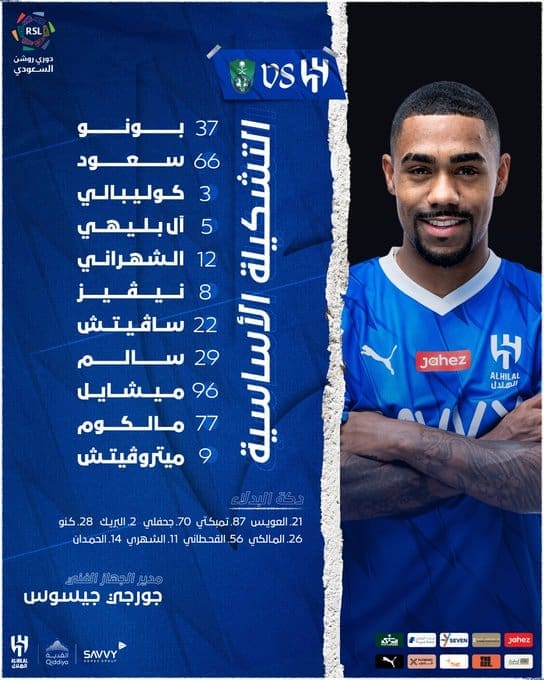 تشكيلة الهلال لمواجهة أهلي جدة - مصدر الصورة: حساب الهلال على تويتر