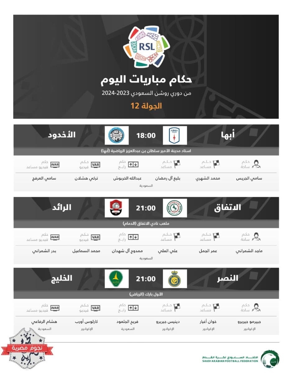 حكام مباريات اليوم الثاني (السبت) في الجولة 12 من دوري روشن السعودي للمحترفين (المصدر. متداول في تويتر)